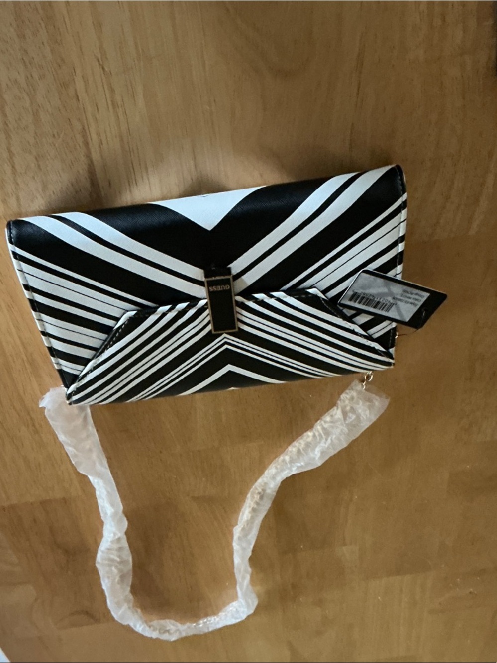 Guess Black and White Striped Foldover Clutch
